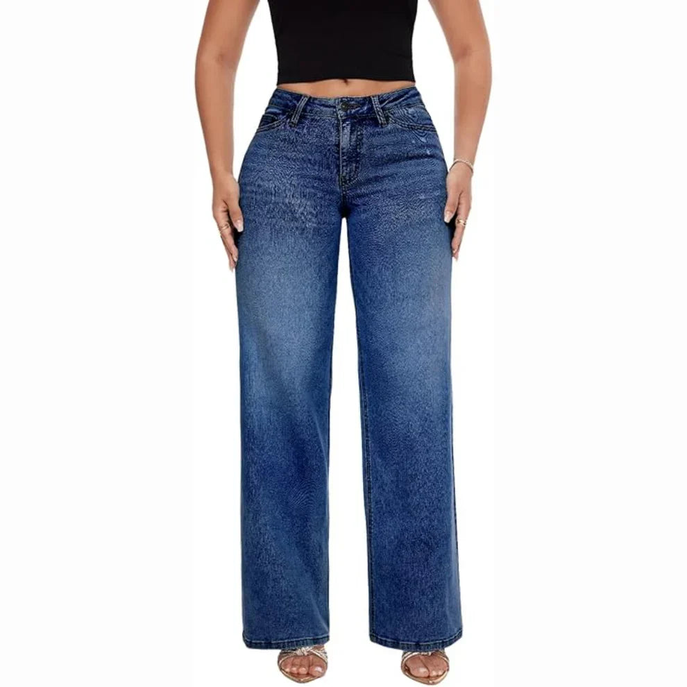 Mid-Rise Stretch Wide-Leg Baggy Jeans