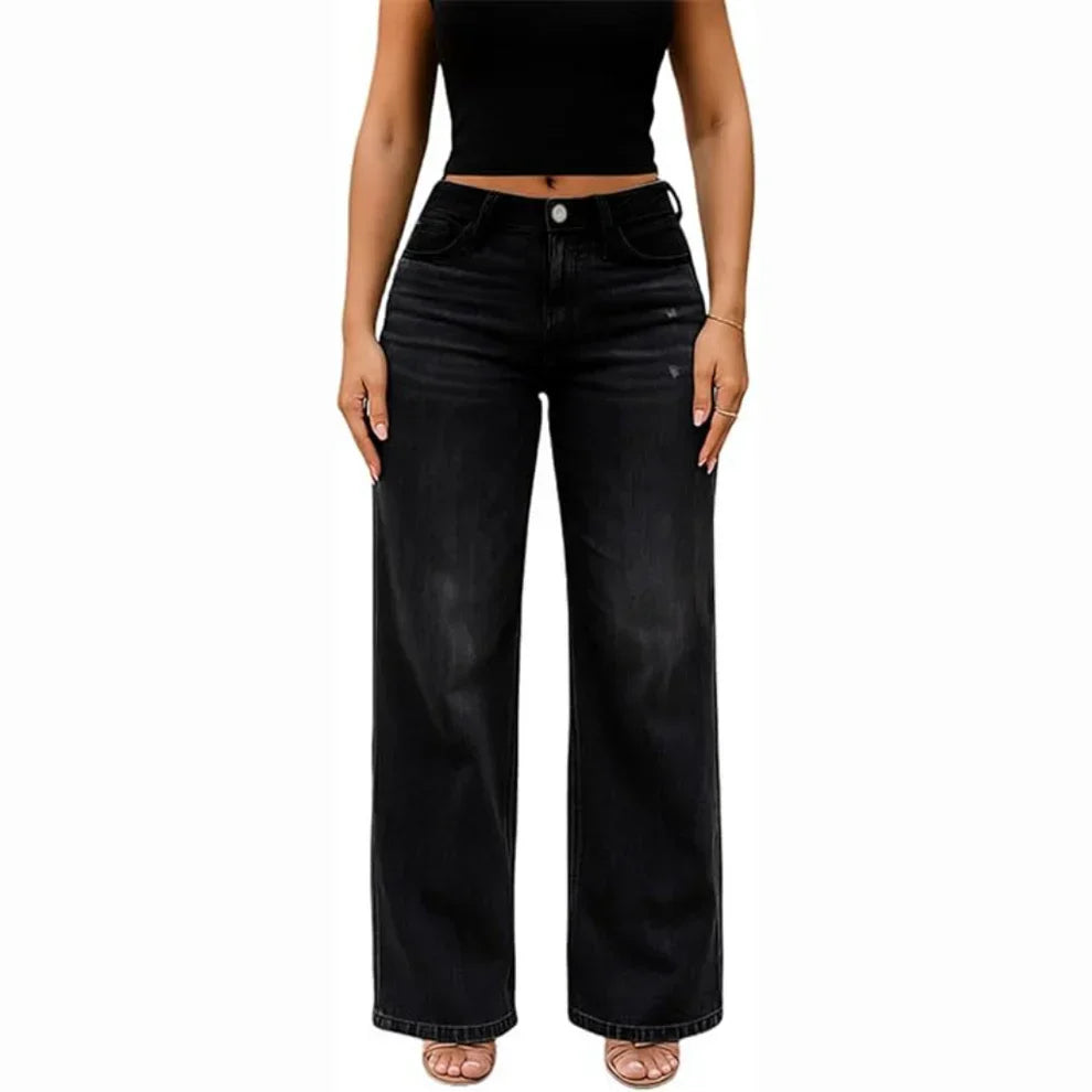 Mid-Rise Stretch Wide-Leg Baggy Jeans